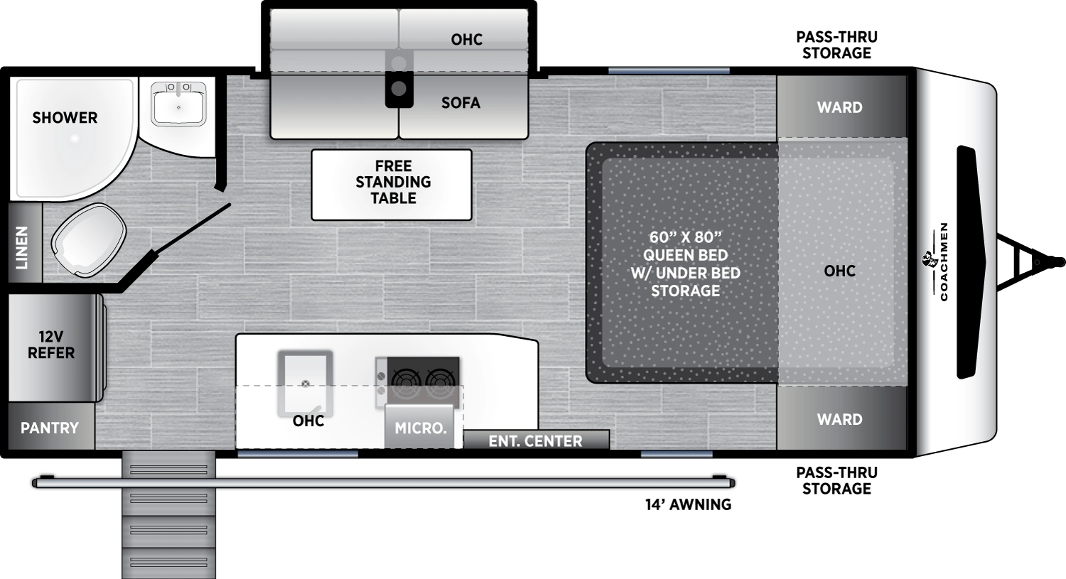 The Freedom Express Select 19SE floorplan has one entry and one slide out. Exterior features include: fiberglass exterior and 14' awning. Interiors features include: front bedroom.